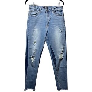 KanCan Distressed Jeans High Rise Frayed Hem Dark Wash‎ Detail Size 15